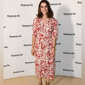 Ba&sh Elfe Floral Red and White/Cream Floral Sparkly Midi Dress